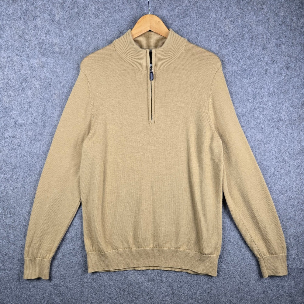 LL Bean 1/4 Zip Sweater Mens M Yellow 100% Merino Wool Pullover Mock Neck
